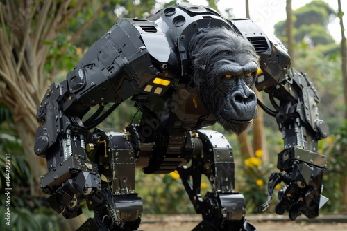A hyper-realistic robotic gorilla stands amidst lush greenery, showcasing intricate mechanical design blended with organic features
