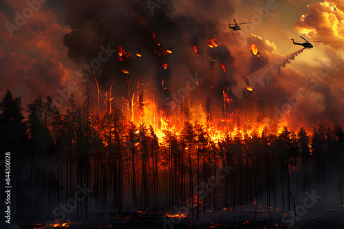 Helicopters dropping water on an intense forest fire