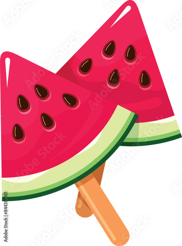 Watermelon triangle slice two ice cream popsicle on stick summer cold dessert vector flat