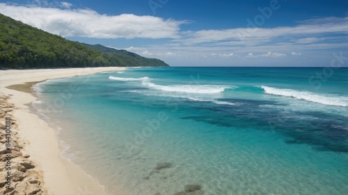 Coastal Serenity: Ocean, Beach, and Mountain Landscape