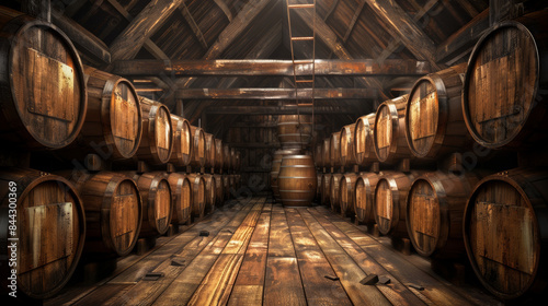 A large room filled with barrels of alcohol