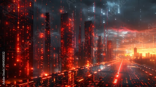 A digital artwork of a futuristic cityscape with towering skyscrapers and a rain-soaked street at night  featuring a vibrant red glow and a sky filled with rain and clouds.