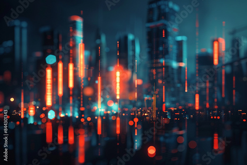 Abstract glowing big data forex candlestick chart on blurry city backdrop. Trade, technology, investment and analysis concept. Double exposure © Zulfi_Art