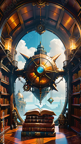 A steampunk library housed within a colossal airship, its gears whirring and pistons pumping. Gleaming metal bookshelves hold leather-bound tomes crackling with arcane energy. A daring explorer photo