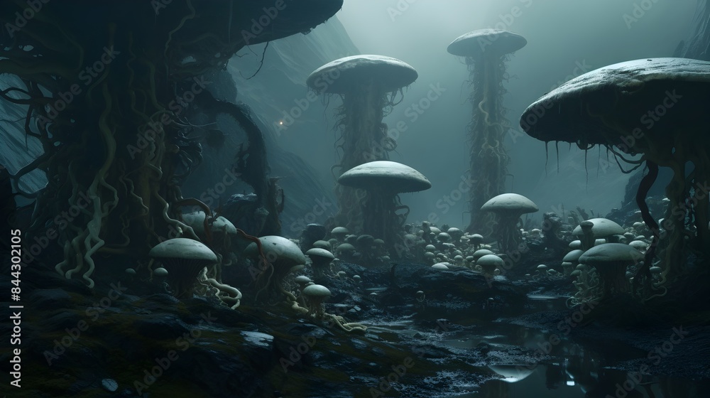 Alien Landscape with Bizarre Mushroom Flora,Glowing Rivers,and ...