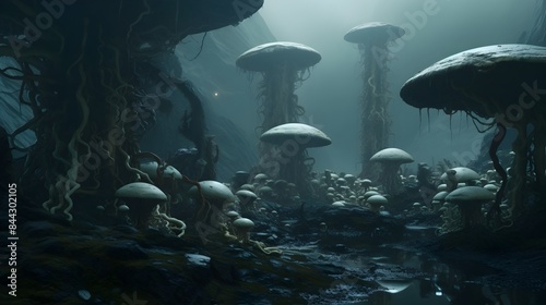 Alien Landscape with Bizarre Mushroom Flora,Glowing Rivers,and Mysterious Bipedal Beings in Captivating Sci-Fi Scenery photo