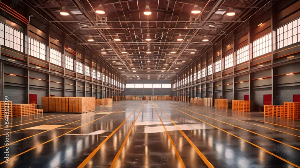 Large, vacant warehouse with mirrored flooring, tall ceilings, and well-organized pallets Large, vacant warehouse with mirrored flooring, tall ceilings, and well-organized pallets