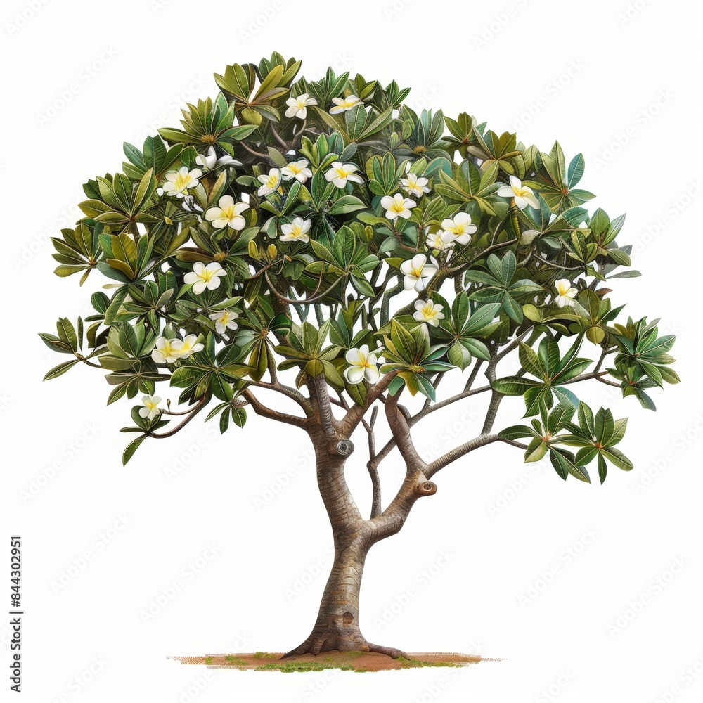 Fototapeta premium Serene Frangipani Tree Painting with Sculptural Branches on White Background