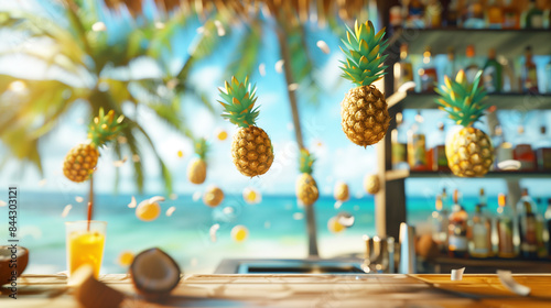 Pineapples and coconuts flying in a beach bar: Pineapples and coconuts floating mid-air  photo