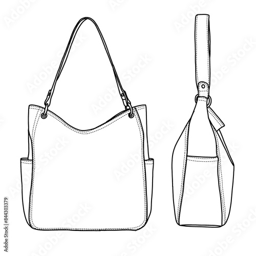  Hobo Purses for Women Soft Top Handle Shoulder Bag Line art, outline vector doodle illustration front and side view, isolated on white background