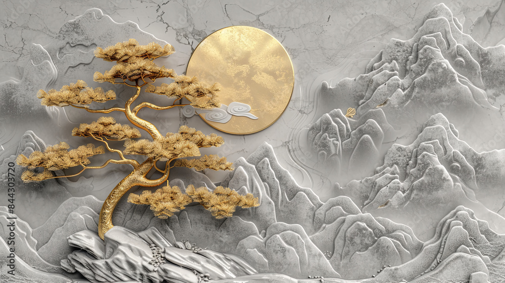 Chinese Style Gold and Silver Pine Tree Relief Carving on Mountain Landscape with Golden Sun and Moon, High Resolution 3D Rendering on Light Gray Marble Texture Chinese Style Gold and Silver Pine Tree Relief Carving on Mountain Landscape with Golden Sun and Moon, High Resolution 3D Rendering on Light Gray Marble Texture