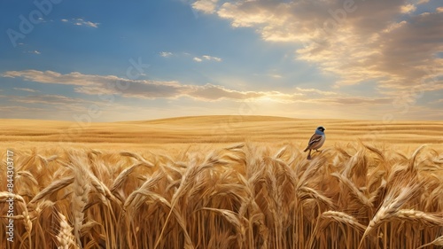 A bird perches amidst a tranquil, golden-hued field of wheat gently swaying in the breeze. The warm sunlight bathes the landscape, casting a soft glow over the rippling waves of grain. The bird is a s photo