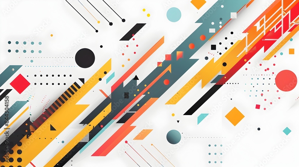 Fototapeta premium Vibrant Geometric Diagonal Arrow with Colorful Overlapping Patterns on White Background