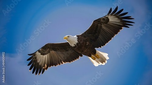 A majestic bald eagle soaring through a clear blue sky with minimal UV rays, emphasizing the importance of the ozone layer for wildlife - Generative AI