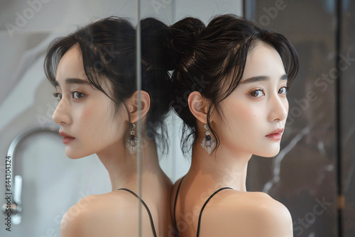a woman with a ponytail in front of a mirror