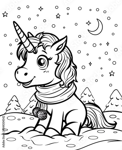 Cute and joyful unicorn on Christmas landscape. Coloring book page.
