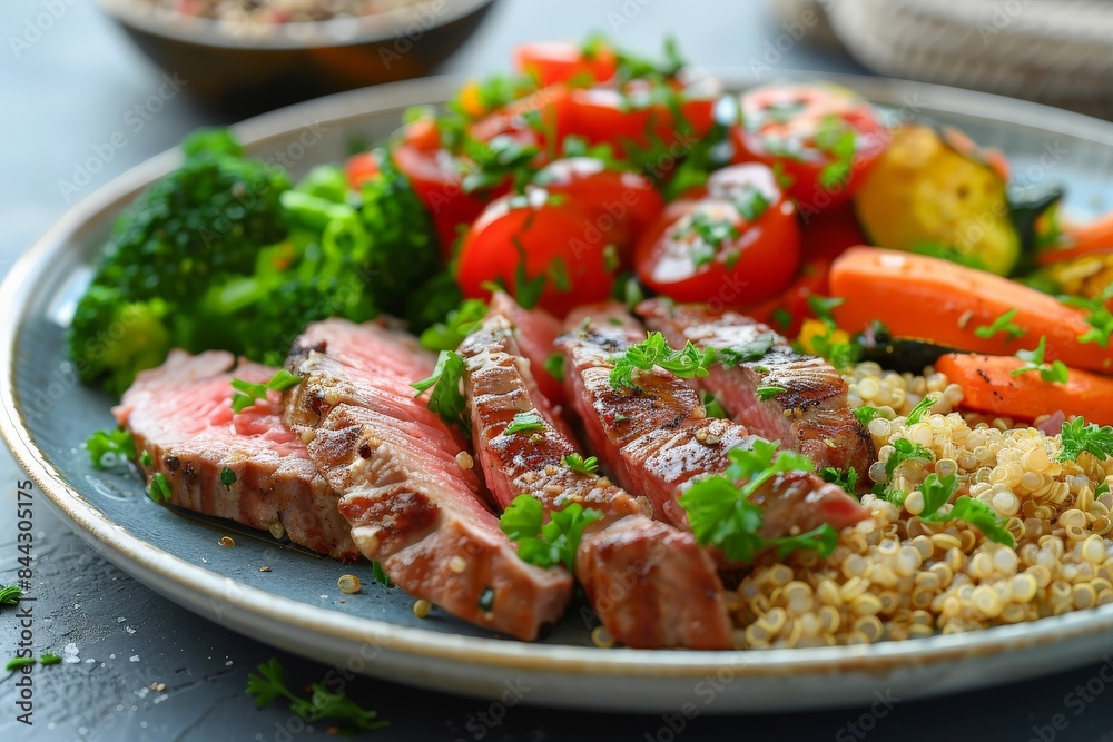 A clean photo of a meal for metabolic health featuring a plate of lean protein, quinoa, and steamed vegetables. Highlight the balanced nutrition and metabolic support with vibrant, healthy ingredients A clean photo of a meal for metabolic health featuring a plate of lean protein, quinoa, and steamed vegetables. Highlight the balanced nutrition and metabolic support with vibrant, healthy ingredients