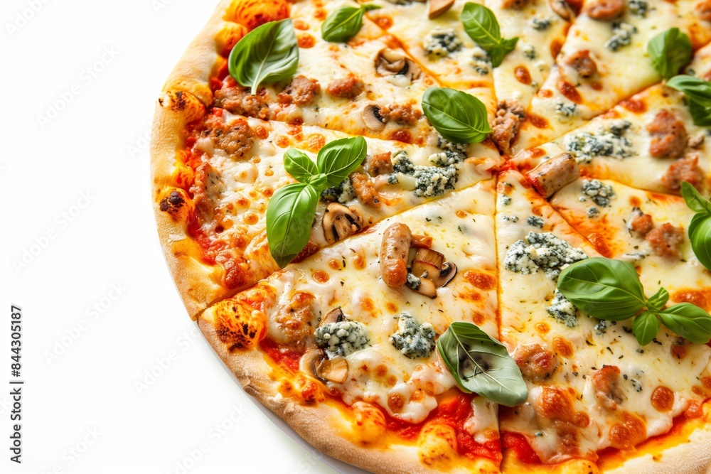 Delicious homemade pizza with sausage, mushrooms, and blue cheese Delicious homemade pizza with sausage, mushrooms, and blue cheese