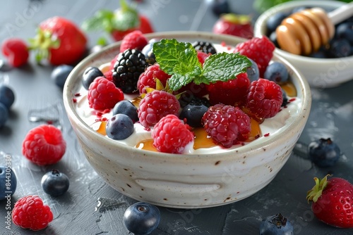 A clean photo of probiotic foods like a bowl of Greek yogurt topped with fresh berries and a drizzle of honey. Highlight the gut health benefits and the visually appealing, nutritious presentation