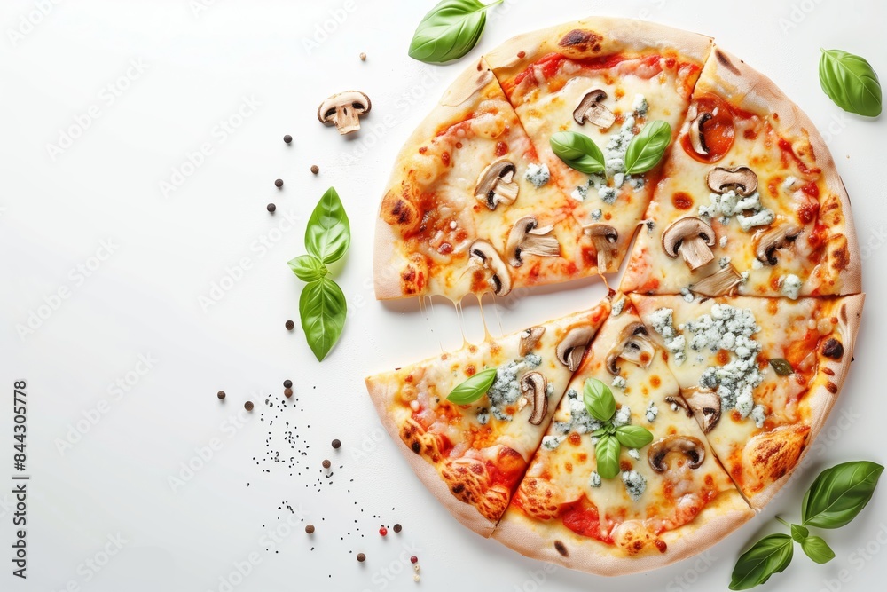 Delicious mushroom and cheese pizza with basil on white background Delicious mushroom and cheese pizza with basil on white background