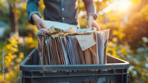 A person throws a stack of old paperwork into a recycling bin. Generative ai illustration. photo