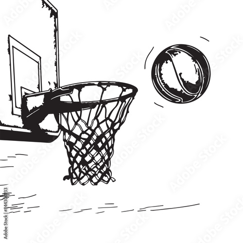 Drawing of basketball going into hoop, black vector illustration on white background