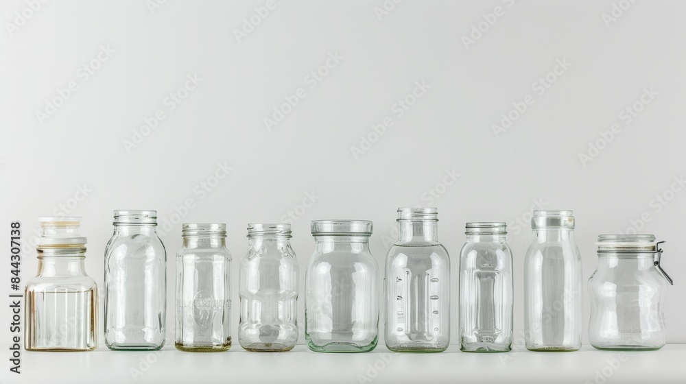 Organized Glass Jars and Bottles Grid on White Background with Natural Lighting for Text Overlay, Minimalist Design Concept