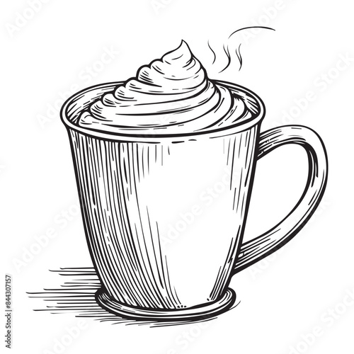 Drawing of hot cocoa mug design, black vector illustration on white background