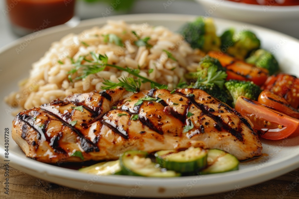 A clean, realistic photo of a nutritious meal showcasing a balanced diet with grilled chicken, brown rice, and steamed vegetables. Emphasize portion control and the visual appeal of heart-healthy, A clean, realistic photo of a nutritious meal showcasing a balanced diet with grilled chicken, brown rice, and steamed vegetables. Emphasize portion control and the visual appeal of heart-healthy,