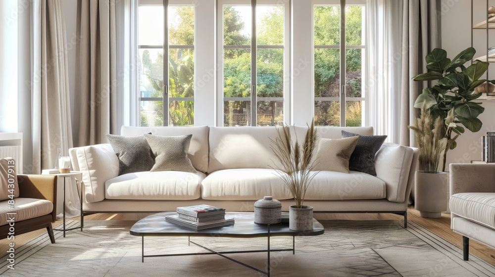 An elegant modern living room featuring a large white sofa with grey and beige pillows, a sleek coffee table, and expansive windows with a view of lush greenery outside. An elegant modern living room featuring a large white sofa with grey and beige pillows, a sleek coffee table, and expansive windows with a view of lush greenery outside.