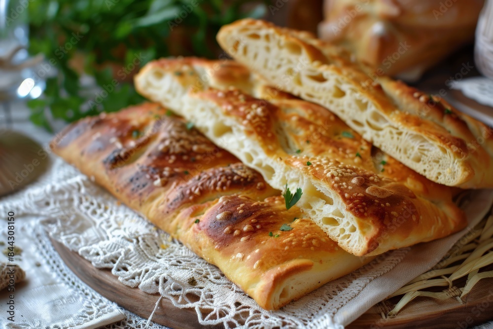 Close-up of freshly-baked homemade bread on a wooden table, emphasizing texture and golden crust Close-up of freshly-baked homemade bread on a wooden table, emphasizing texture and golden crust