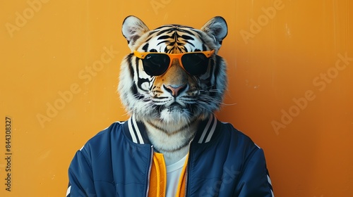 A cool tiger wearing sunglasses and a bomber jacket is looking at the camera with a confident expression.