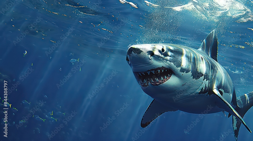 Fototapeta premium Menacing Great White Shark with Open Jaws, Powerful Great White Shark Hunting in Its Natural Habitat