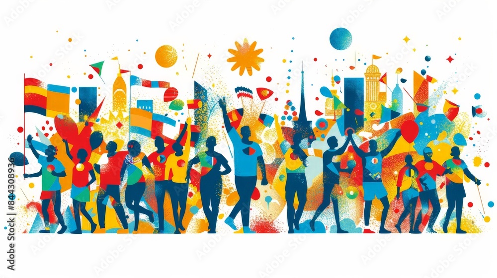 Minimalistic representation of Euro 2024 cultural celebrations and official merchandise, capturing the festive atmosphere and key items in a clean, vibrant style. Emphasis on the cultural diversity Minimalistic representation of Euro 2024 cultural celebrations and official merchandise, capturing the festive atmosphere and key items in a clean, vibrant style. Emphasis on the cultural diversity
