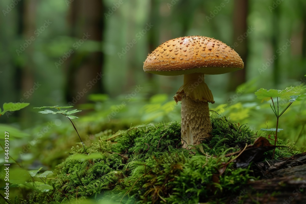 A mature amanita mushroom stands tall amid a green forest floor, showcasing natural beauty A mature amanita mushroom stands tall amid a green forest floor, showcasing natural beauty