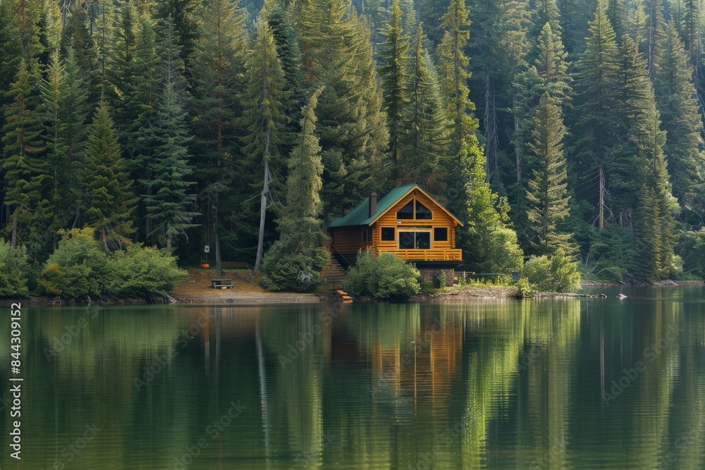 Fototapeta premium A serene lakeside cabin surrounded by pine trees. 