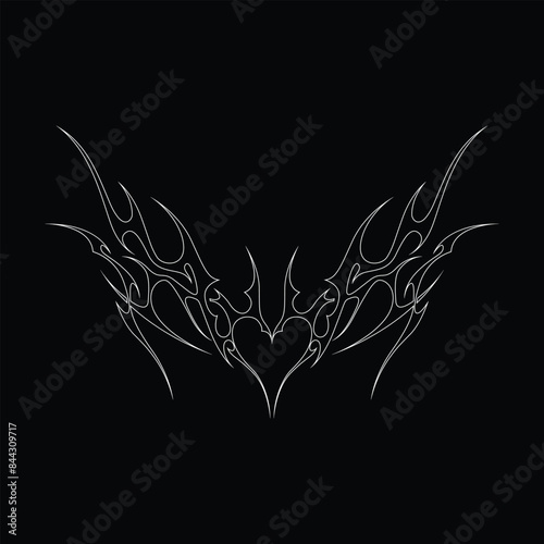 Neo tribal y2k gothic style tattoo. Cyber sigilism heart design. Outline vector illustration