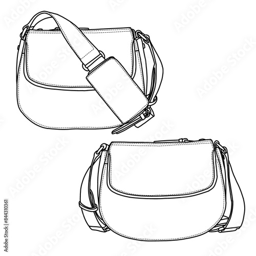 Purses and Handbags for Women with Long Strap Detachable Line art, outline vector doodle illustration front and rear view, isolated on white background