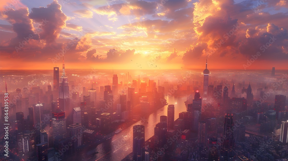 Fototapeta premium Majestic Cityscape at Vibrant Sunset with Intricate Architecture and Digital Enhancements