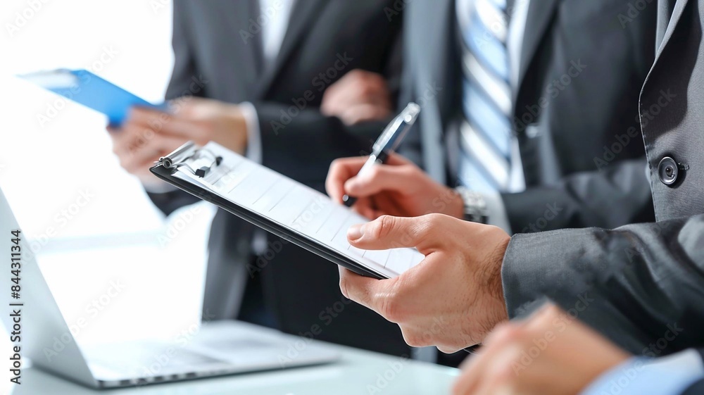 Team of business people in a conference, notebooks and clipboard in hand, white background Team of business people in a conference, notebooks and clipboard in hand, white background
