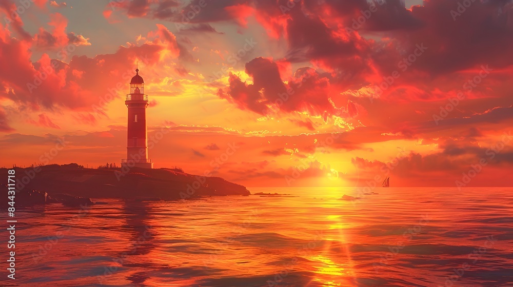 Majestic Coastal Lighthouse Silhouetted Against a Dramatic Fiery Sunset Skyline
