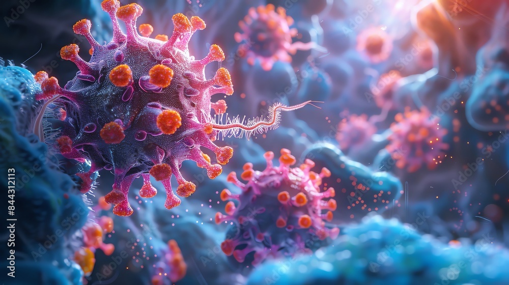 Close-up view of a virus under a microscope, showcasing intricate structures and vibrant colors, representing scientific research and microbiology. Close-up view of a virus under a microscope, showcasing intricate structures and vibrant colors, representing scientific research and microbiology.