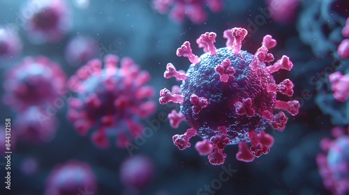Close-up view of the coronavirus in detailed 3D rendering, showing the structure and complexity of the virus causing the COVID-19 pandemic.