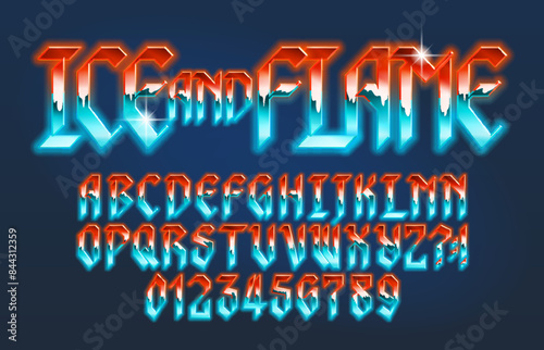 Ice and Flame alphabet font. Bright neon letters in heavy metal style. Stock vector typescript for your typography design.