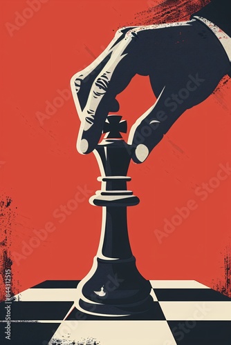 Flat illustration of a hand making a chess move, prominently featuring the color #DA4E35 against a contrasting background; simple and bold design