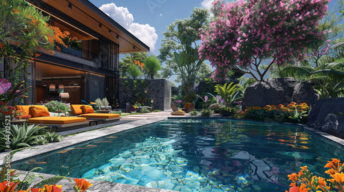   Tropical villa at sunset  showcasing an inviting open living room  flourishing garden  and reflective swimming pool.