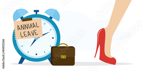 Businesswoman running away from office. Annual leave note on watch. Break, take day off, vacation and relax from hard work, schedule reminder of annual leave