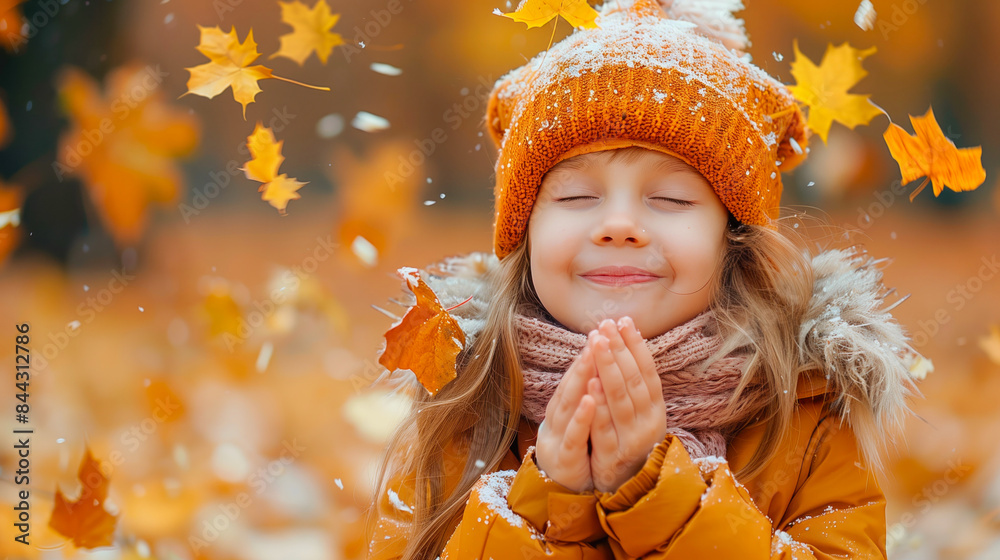 Little girl enjoying autumn with falling leaves. Playful and heartwarming scene. Celebrating the joy of the season. Perfect for family and outdoor themes. Little girl enjoying autumn with falling leaves. Playful and heartwarming scene. Celebrating the joy of the season. Perfect for family and outdoor themes.