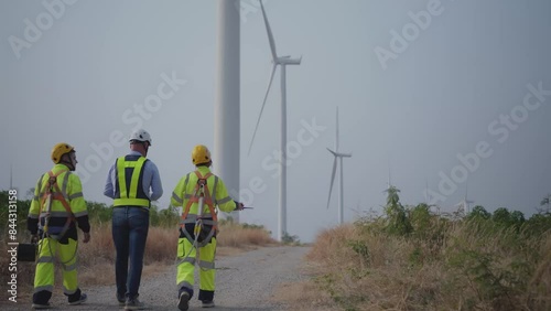 Team of  engineers working on site in wind turbine farm with clear blue sky on the background. Alternative energy, environmental friendly for the future. 4k footage
