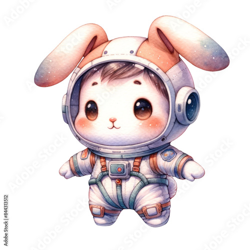 A watercolor style chibi cartoon illustration of a rabbit wearing a spacesuit exploring outer space on white background.